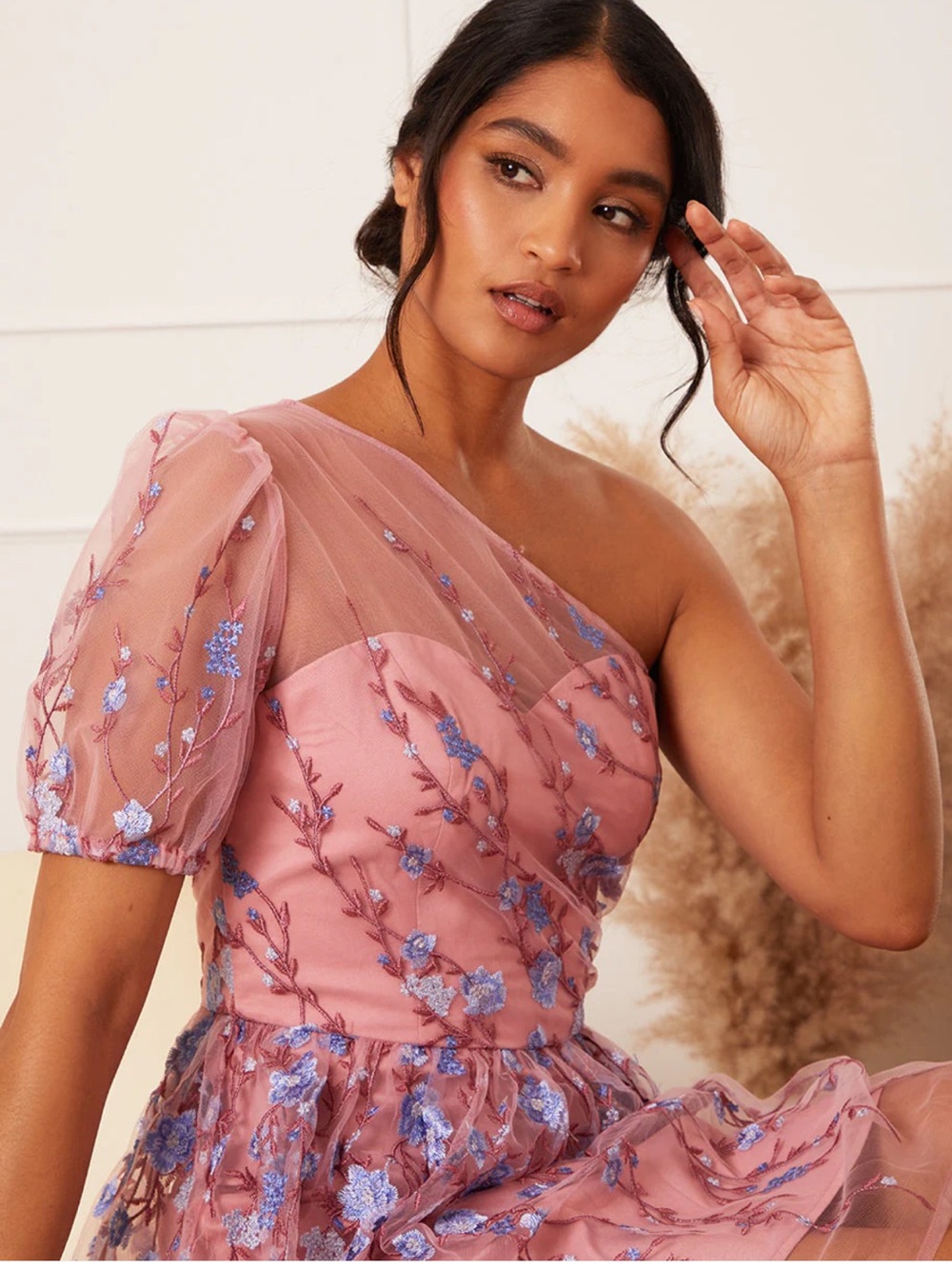 Chi Chi London Pink One-Shoulder Embroidered Mini Dress - Picture 2 of 9